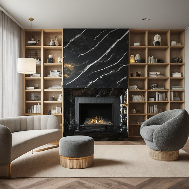 how-to-style-an-accent-chair-with-black-boucle-curved-accent-chairs-next-to-a-marble-fireplace-and-round-pouf