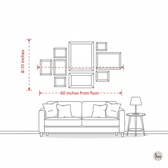 wall art above a couch placement guide showing recommended positioning above sofa with measurement guidelines